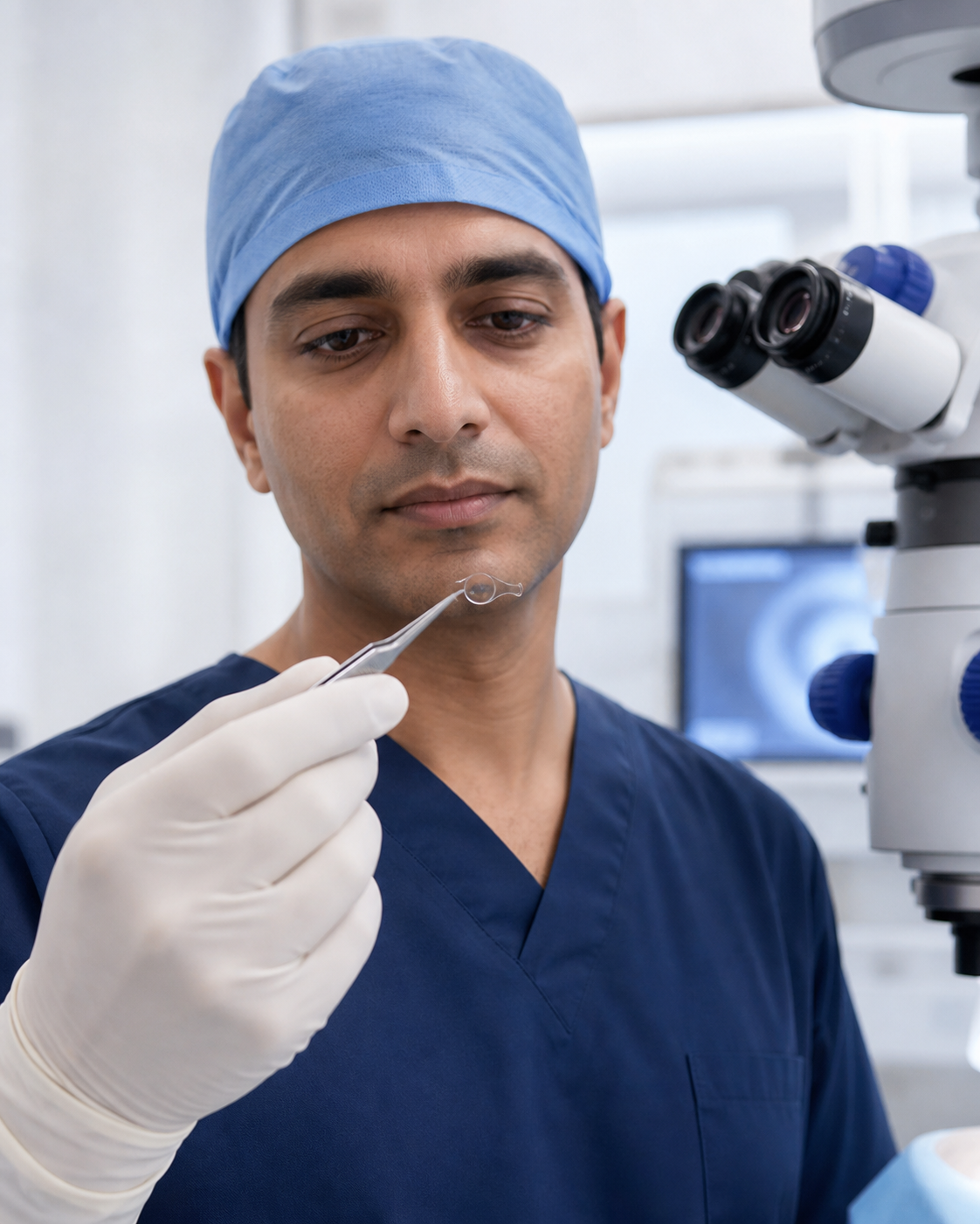 Eye surgeon preparing an implantable collamer lens for ICL treatment